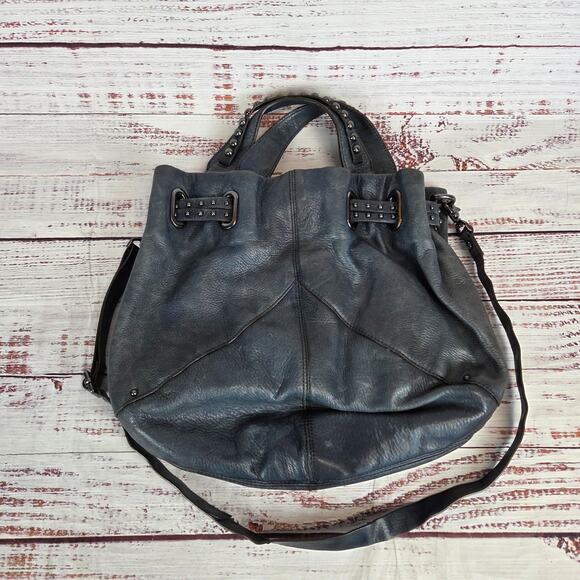 Banana Republic Dark Gray/Blue Genuine Leather Studded Dual Handle Crossbody Bag - Picture 2 of 12